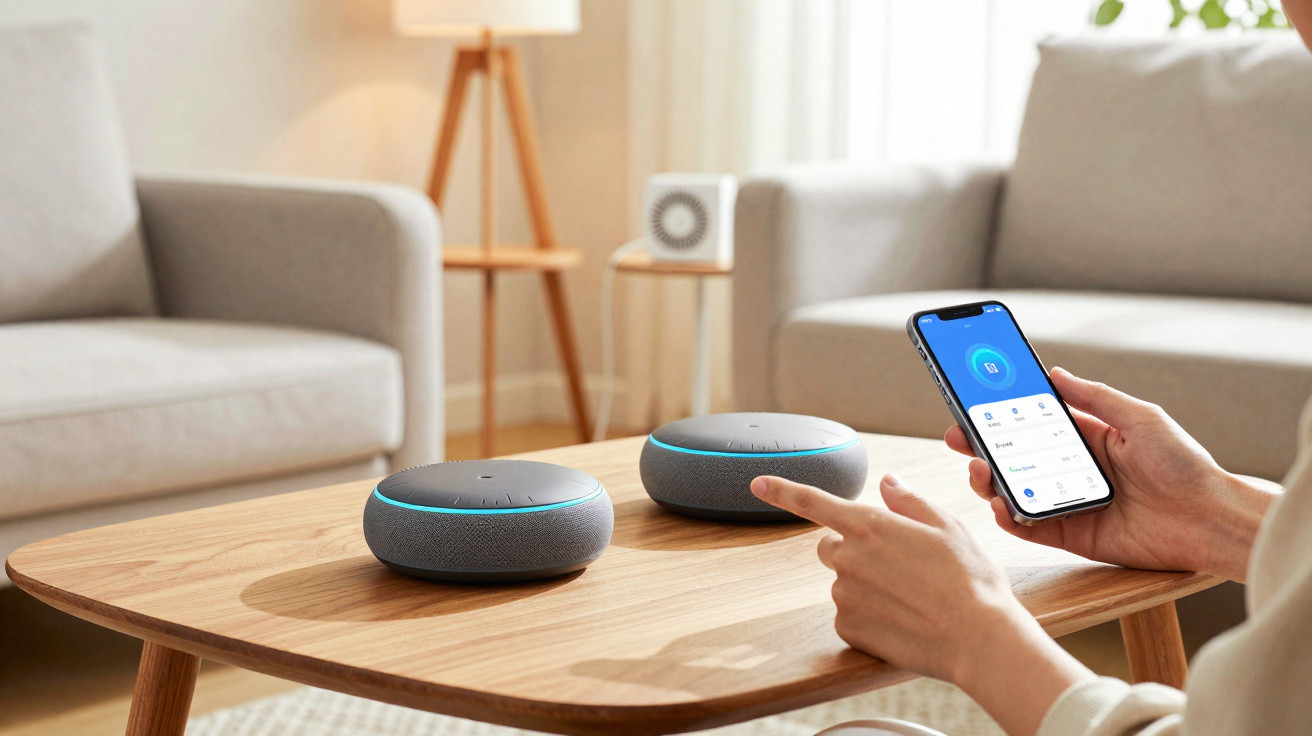 Pessoa controlando dois dispositivos Alexa Echo Dot com smartphone em sala de estar iluminada.