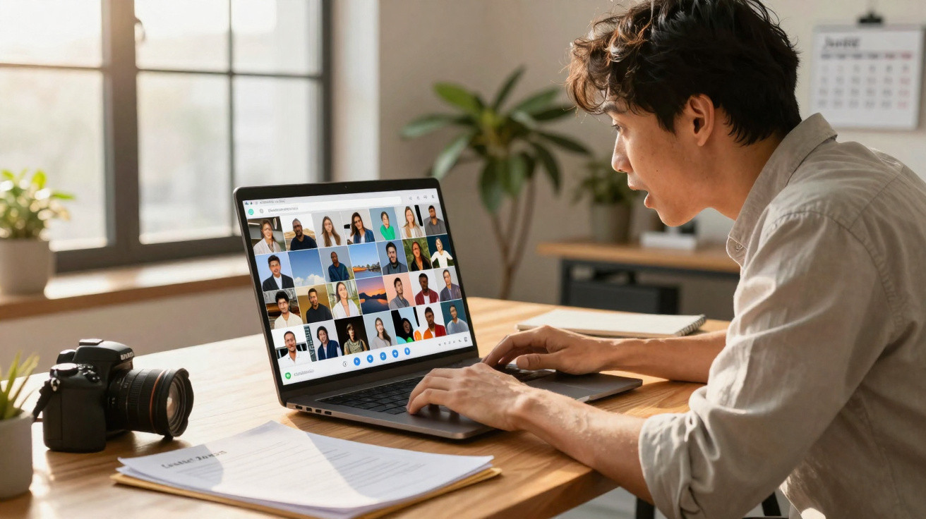 Homem jovem participando de reunião virtual no laptop em mesa com câmera e documentos.