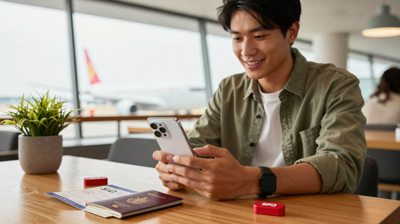 Homem sorridente usando celular com passaporte e bilhete aéreo na mesa em aeroporto.