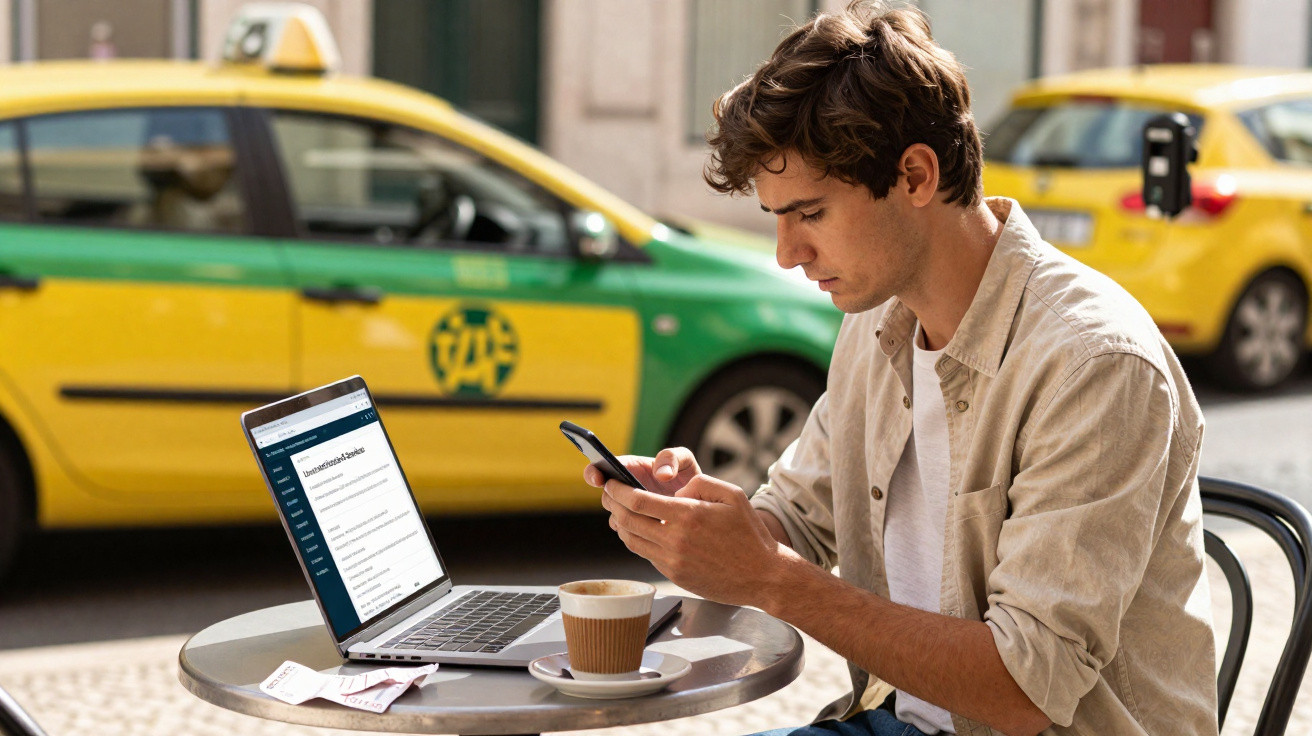 Homem sentado em café usando celular com laptop aberto e táxis amarelos ao fundo na rua.