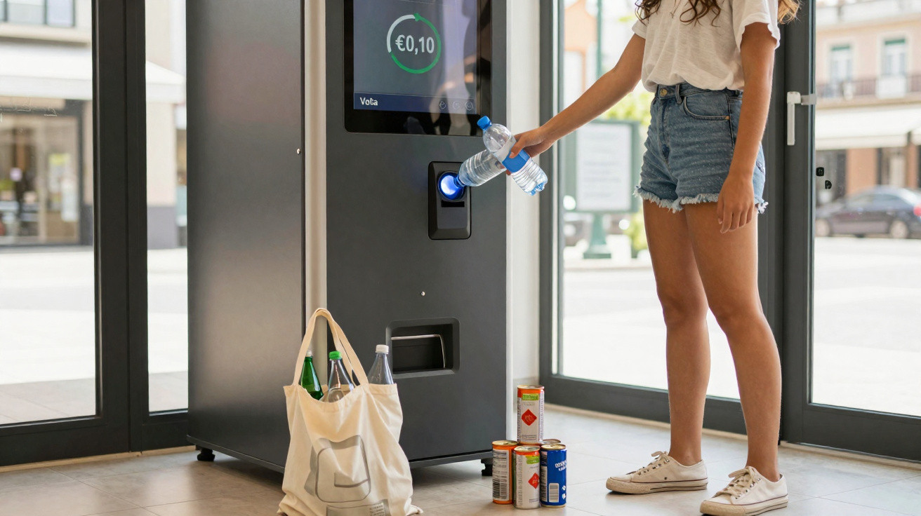 Pessoa reciclado garrafas plásticas em máquina de devolução com sacola de garrafas e latas ao lado.