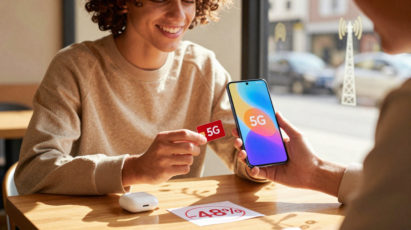 Pessoa segura chip 5G próximo a celular com símbolo 5G na tela em ambiente claro de cafeteria.