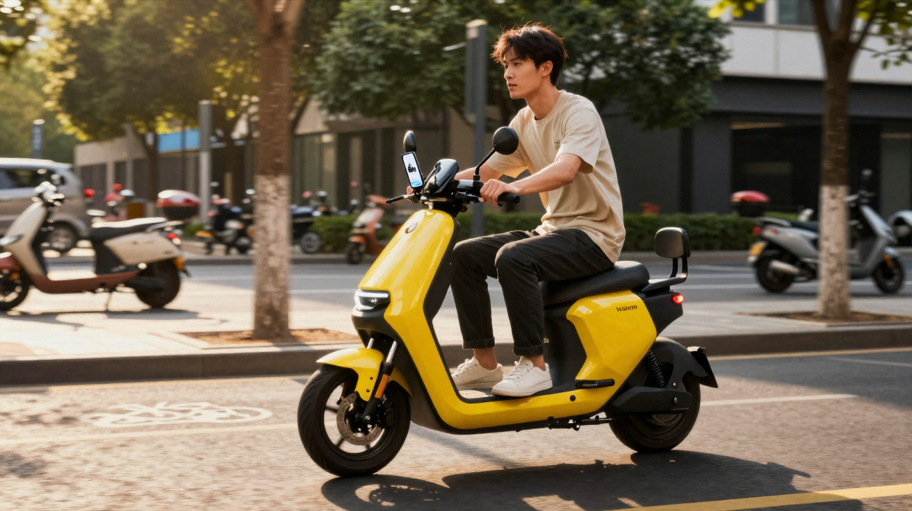 Jovem andando de scooter elétrica amarela em rua movimentada com árvores e prédios ao fundo.