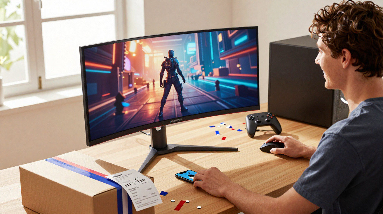 Homem jogando videogame em monitor ultrawide curvo com controle e mouse sobre mesa de madeira.