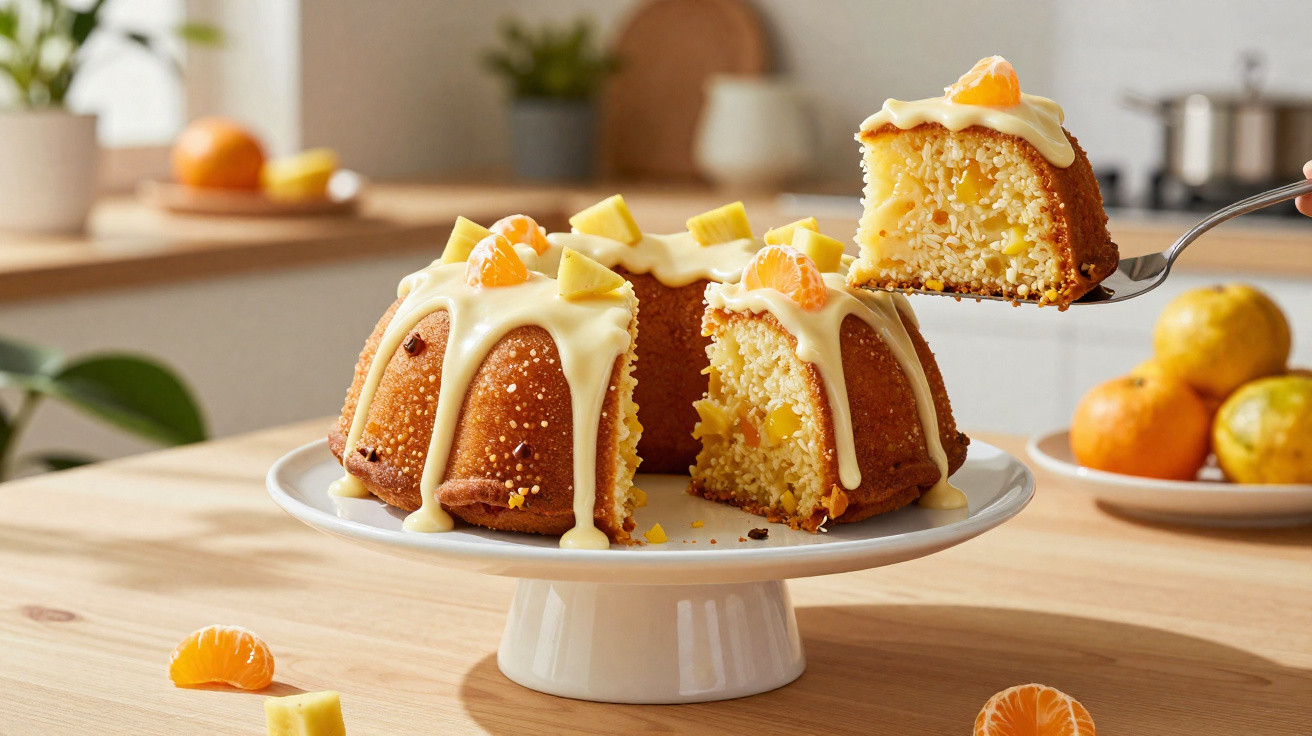 Bolo de frutas com cobertura branca, pedaços de abacaxi e gomos de tangerina em prato branco.