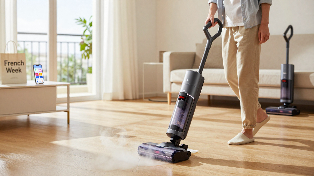 Pessoa limpando piso de madeira com aspirador a vapor sem fio em sala iluminada e mobiliada.