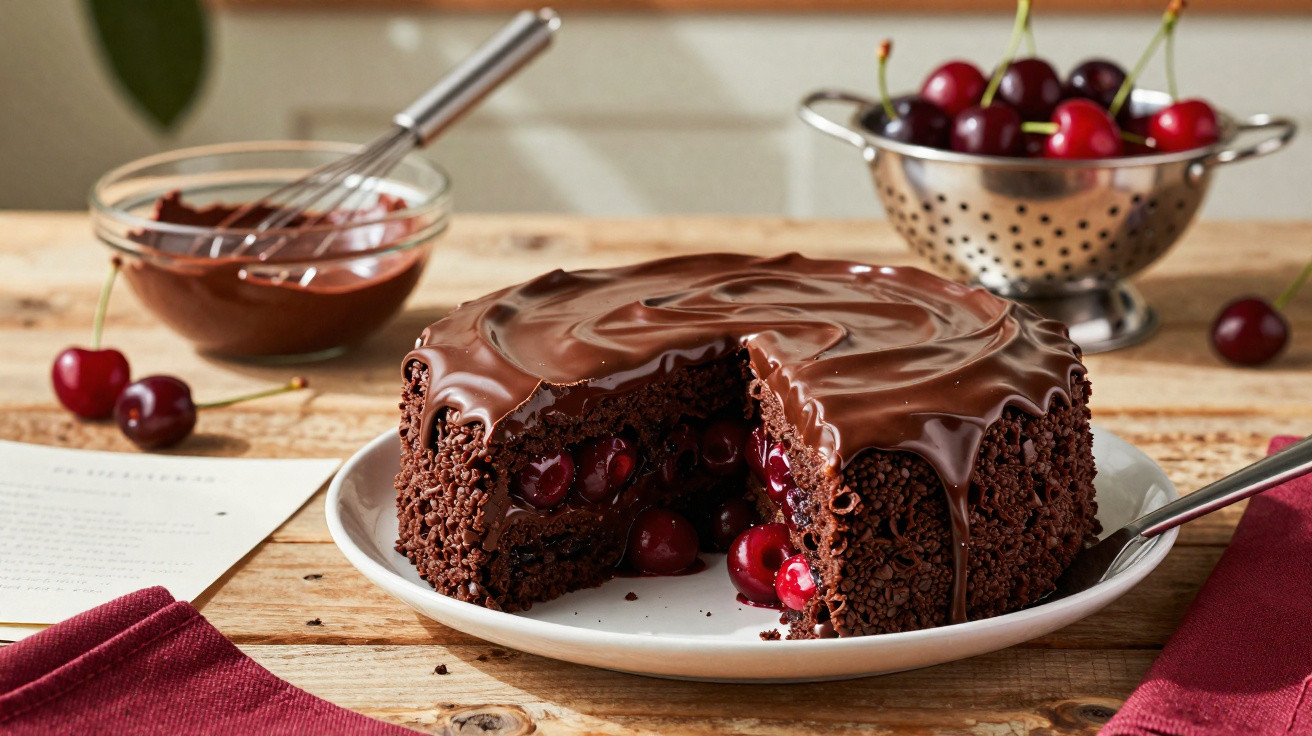 Bolo de chocolate com cobertura cremosa e recheio de cerejas frescas em prato branco sobre mesa de madeira.
