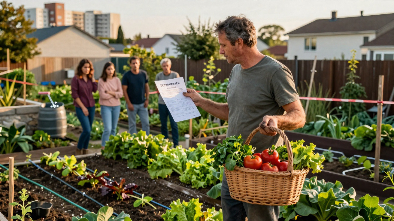 Homem com cesta de tomates e alface na horta comunitária mostra documento para quatro pessoas.