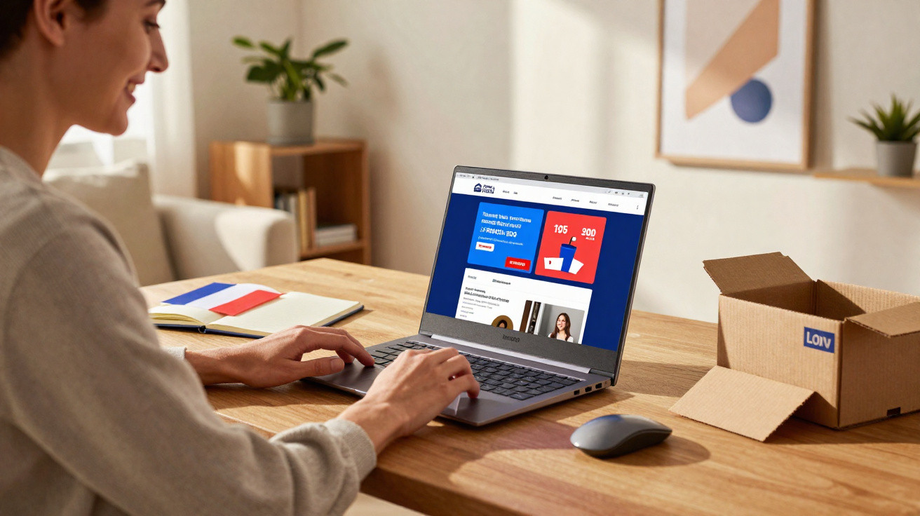 Pessoa usando laptop com site aberto, mouse e caixa de papelão sobre mesa de madeira em ambiente iluminado.