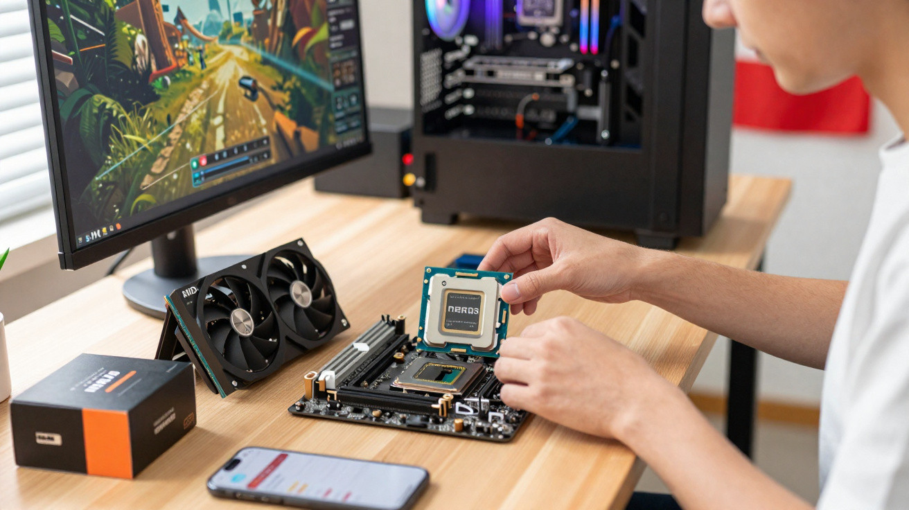 Pessoa instalando processador em placa-mãe com computador e monitor ligado em mesa de trabalho