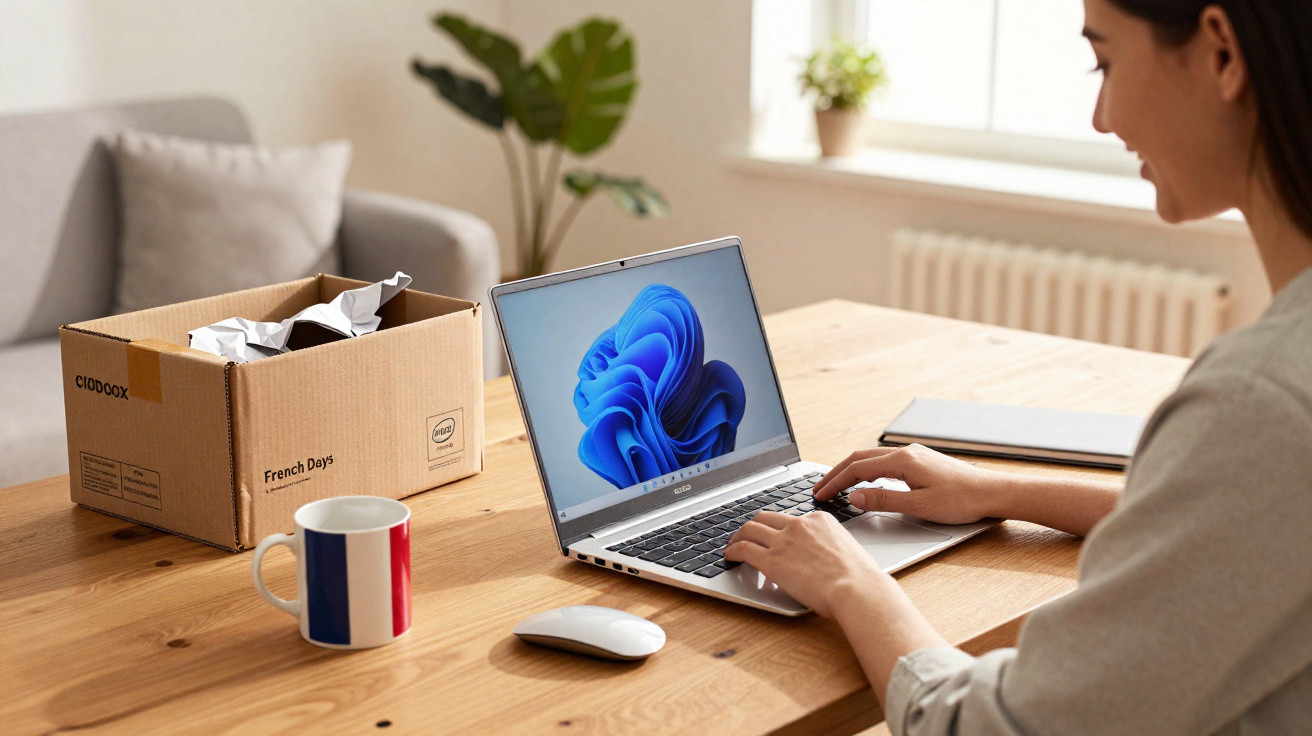 Pessoa usando notebook em mesa de madeira com caixa de papelão e caneca com bandeira da França.