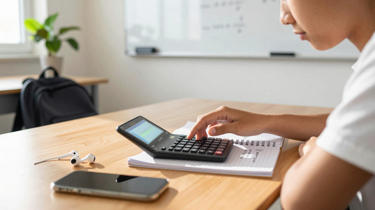 Pessoa usando calculadora sobre caderno em mesa com celular e fones de ouvido próximos.