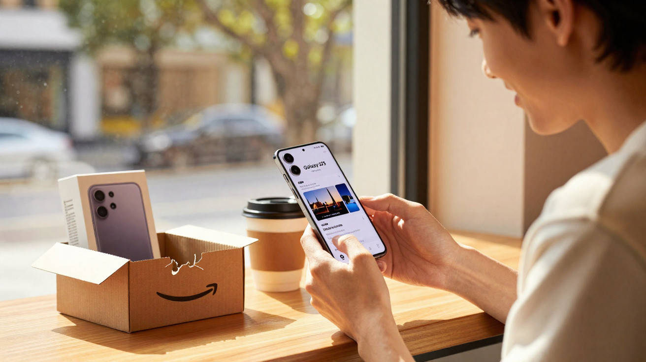 Pessoa segurando smartphone Galaxy S23 próximo a caixa da Amazon e copo de café em mesa junto à janela.