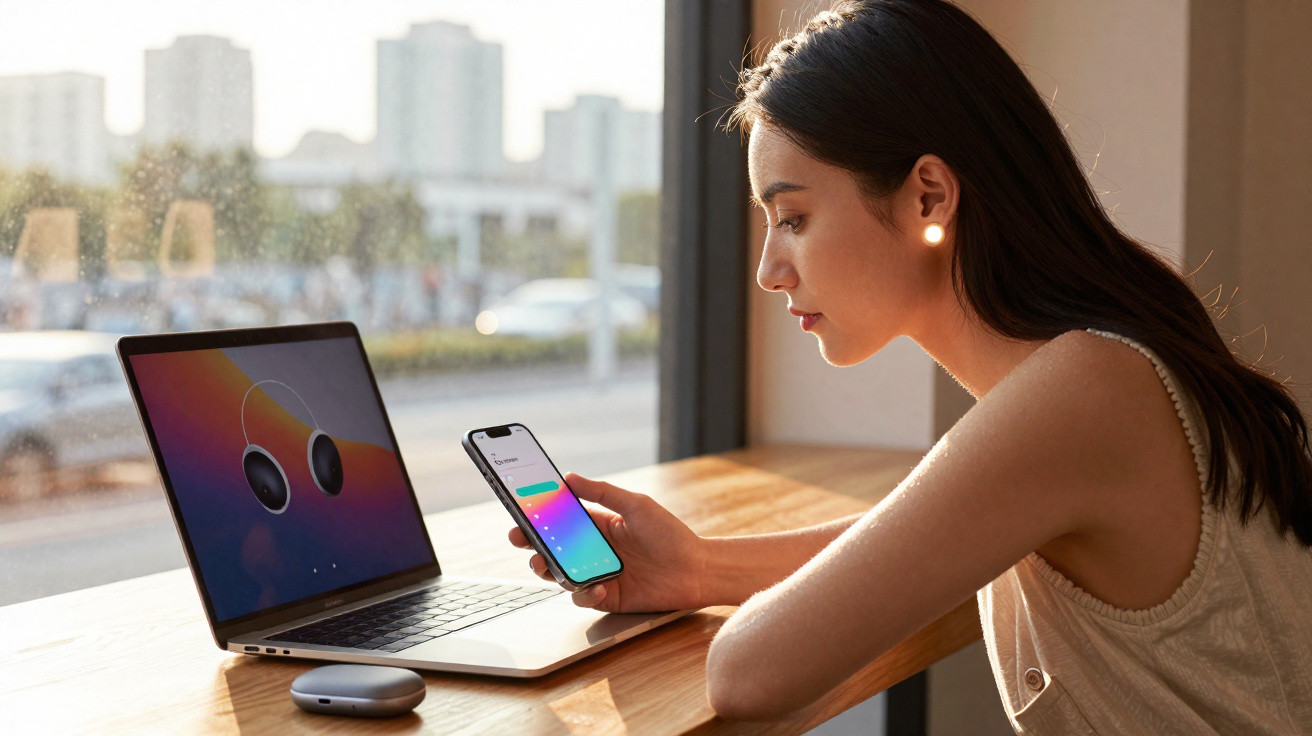 Mulher usando smartphone e laptop em mesa perto de janela em ambiente iluminado.