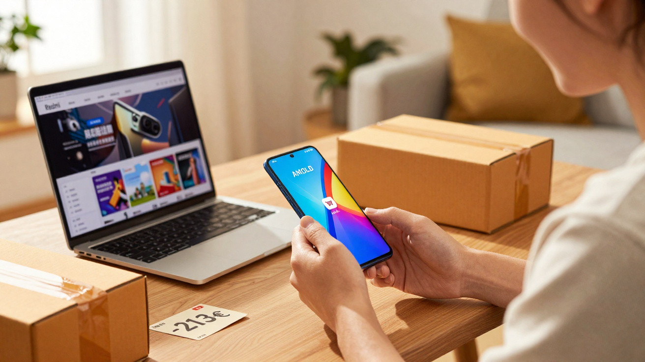 Pessoa segurando smartphone com tela colorida ao lado de laptop e caixas de papelão em mesa de madeira.