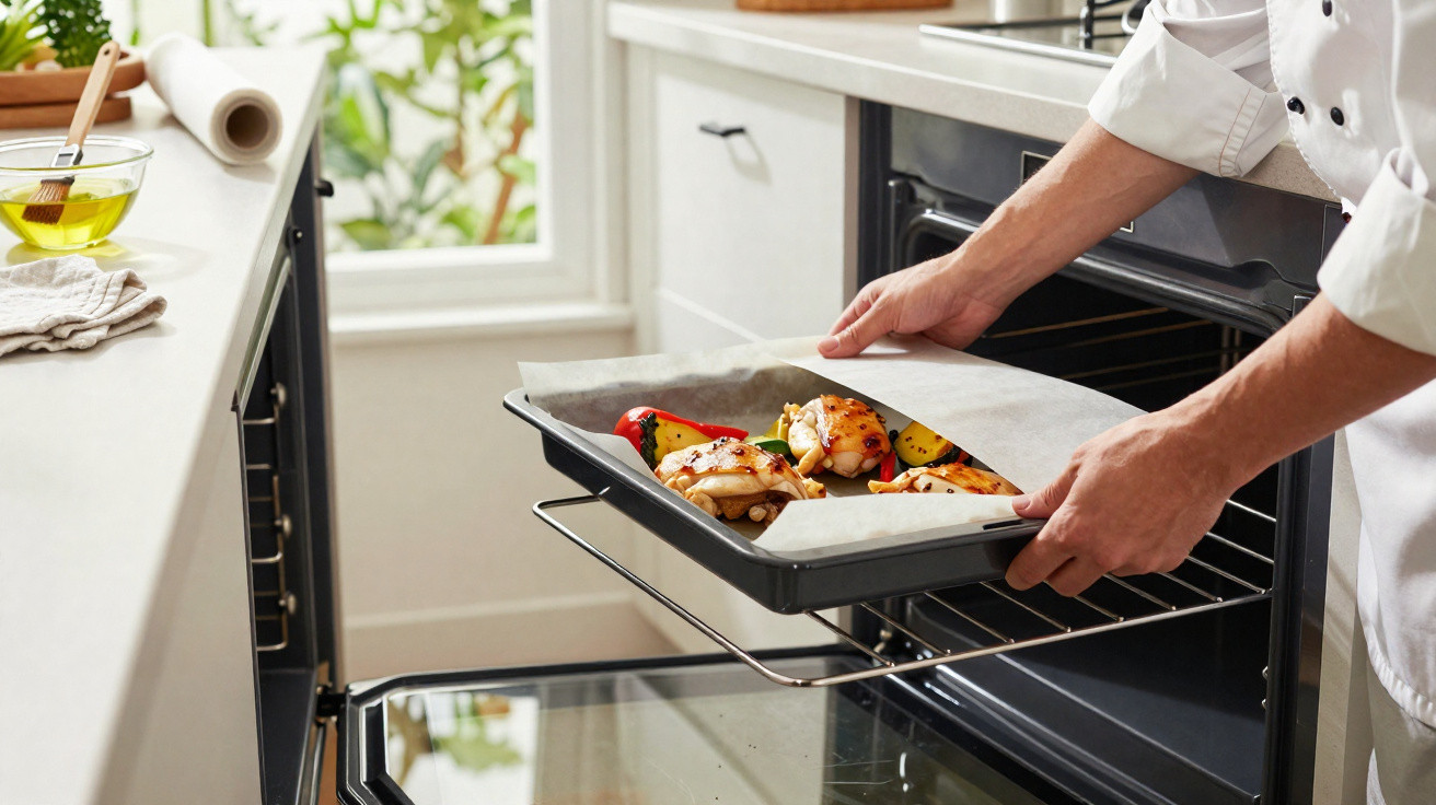 Pessoa vestindo jaleco de chef retirando assadeira com frango e legumes do forno em cozinha clara.