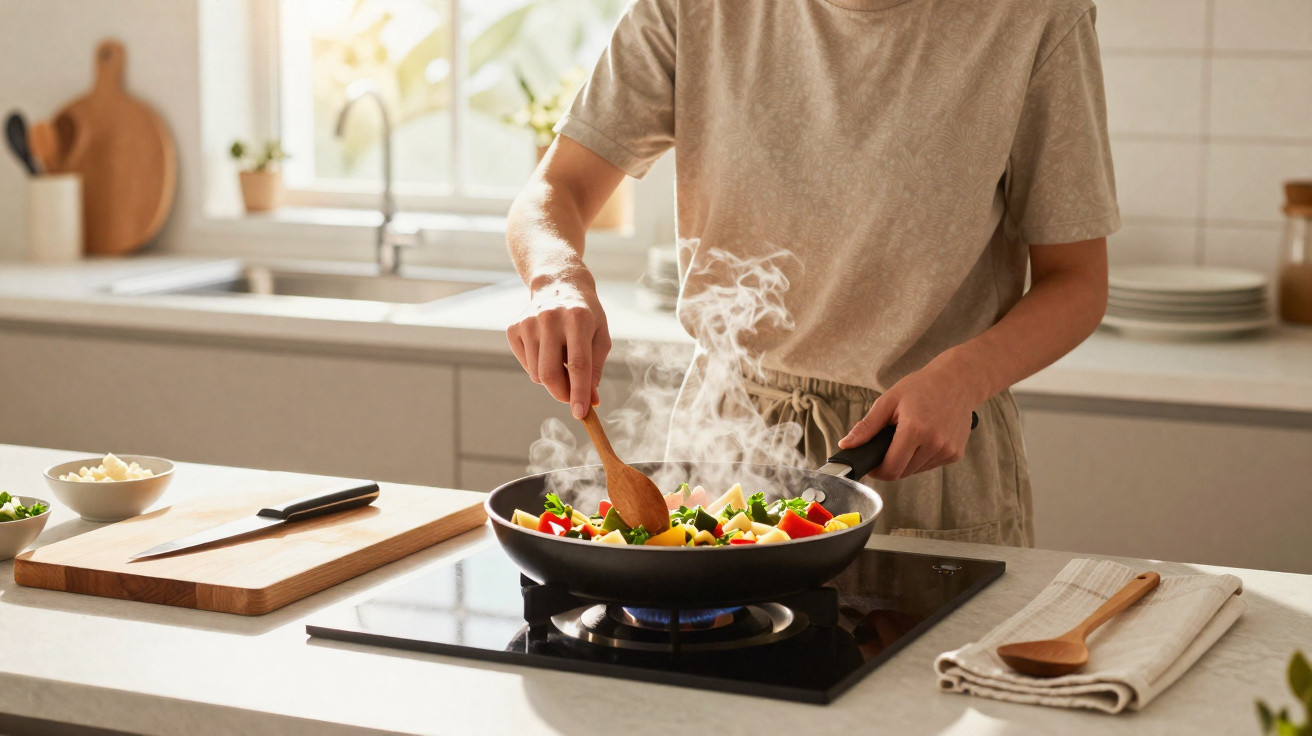 Pessoa mexendo legumes coloridos em frigideira com vapor na cozinha iluminada pela manhã.