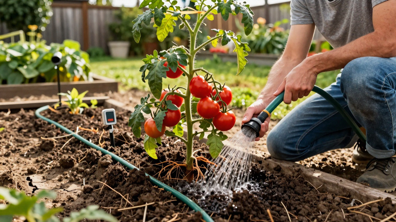 Pessoa regando planta de tomate com frutos vermelhos maduros em horta ao ar livre.