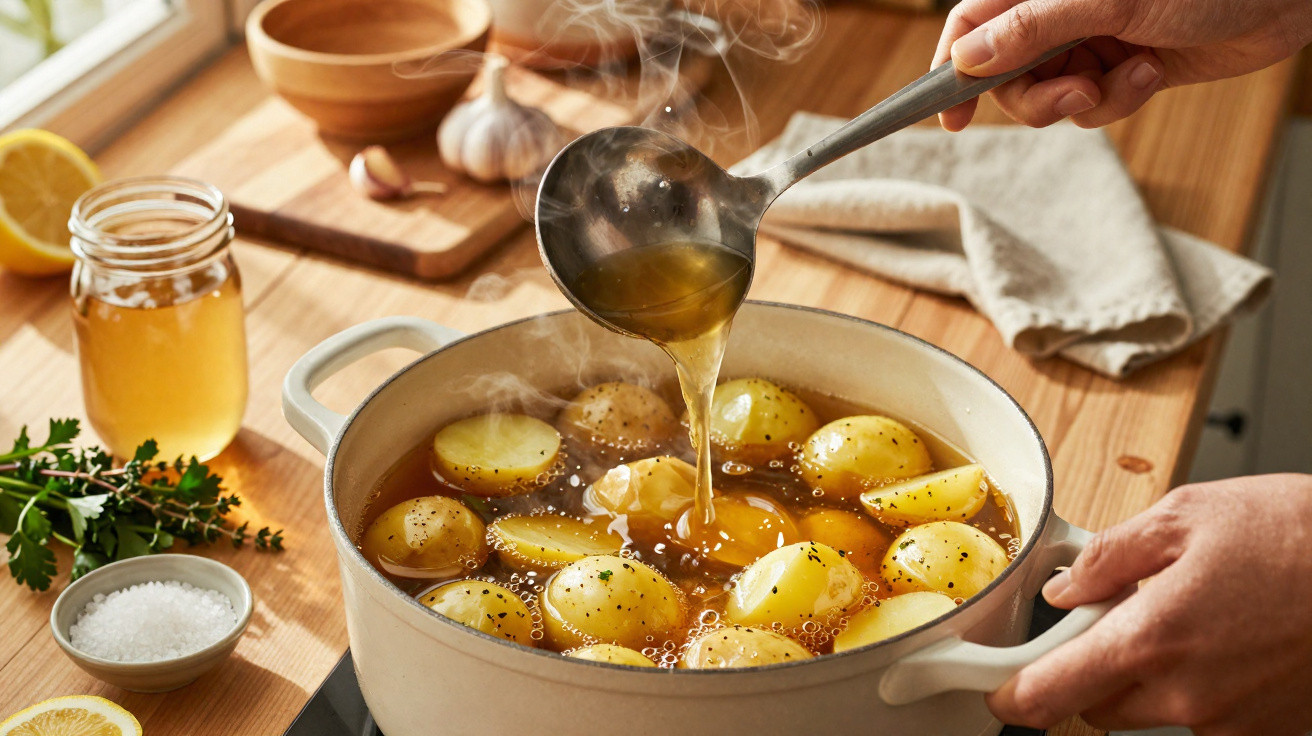Mãos despejando caldo em panela com batatas cozinhando, temperos e ingredientes na bancada de madeira.