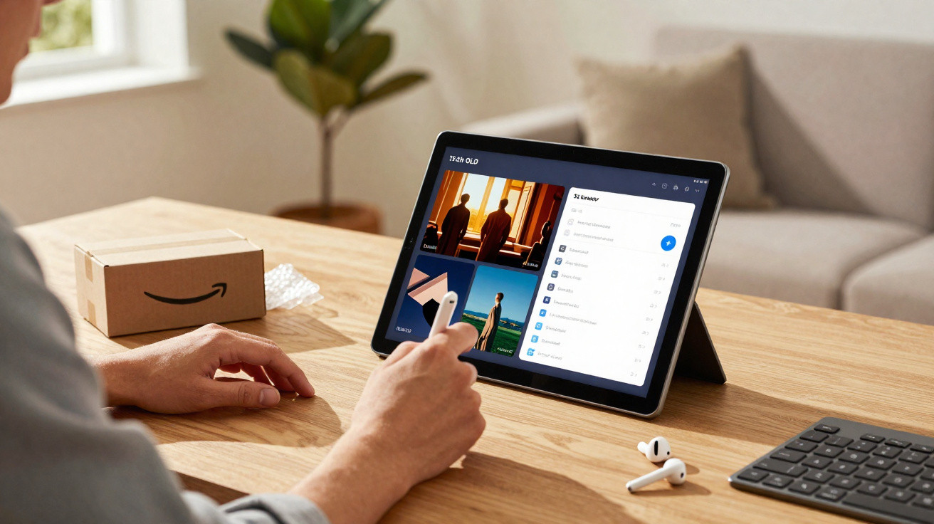 Pessoa usando tablet com fones de ouvido brancos sobre mesa de madeira e caixa da Amazon ao fundo.
