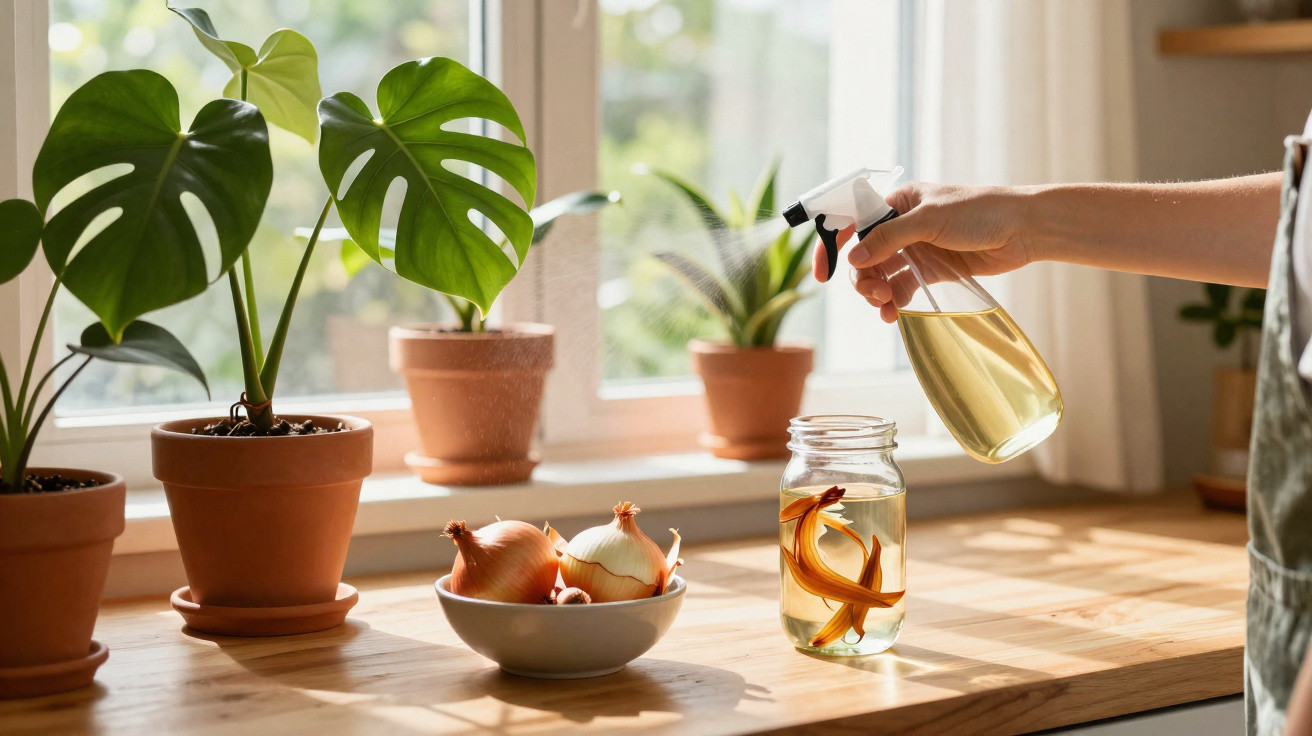 Pessoa borrifando planta em pote com solução caseira ao lado de plantas em vasos e cebolas em tigela.