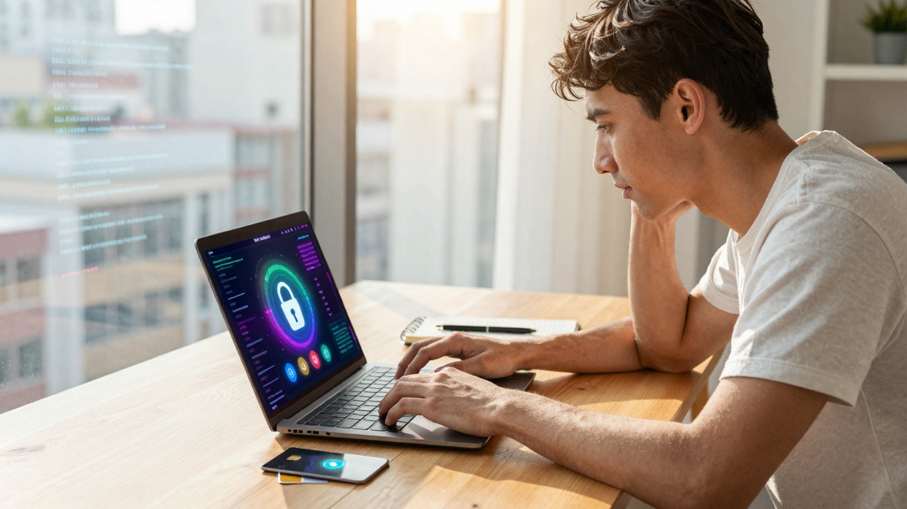 Jovem sentado à mesa usando laptop com tela de segurança digital e smartphone ao lado.