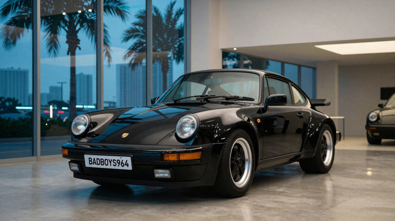 Carro esportivo Porsche 911 preto estacionado em garagem moderna com janelas grandes e palmeiras ao fundo.
