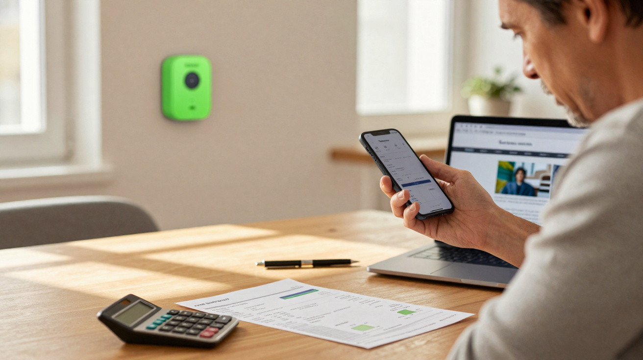 Homem sentado à mesa usando celular para consultar contas com laptop, calculadora e documentos à sua frente.