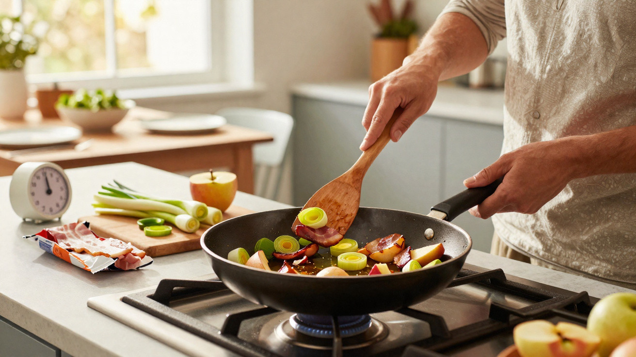 Pessoa mexendo legumes e bacon em frigideira preta no fogão a gás em cozinha iluminada.