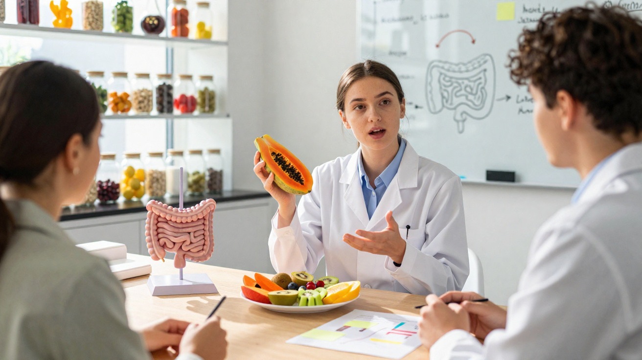 Nutricionista explicando benefícios da mamão para digestão a pacientes em consultório com modelo do intestino.