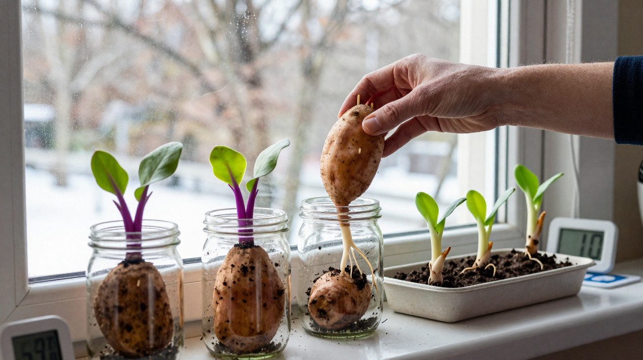 Mãos segurando batata com raízes em pote de vidro, mudas crescem na janela em vasos com terra.