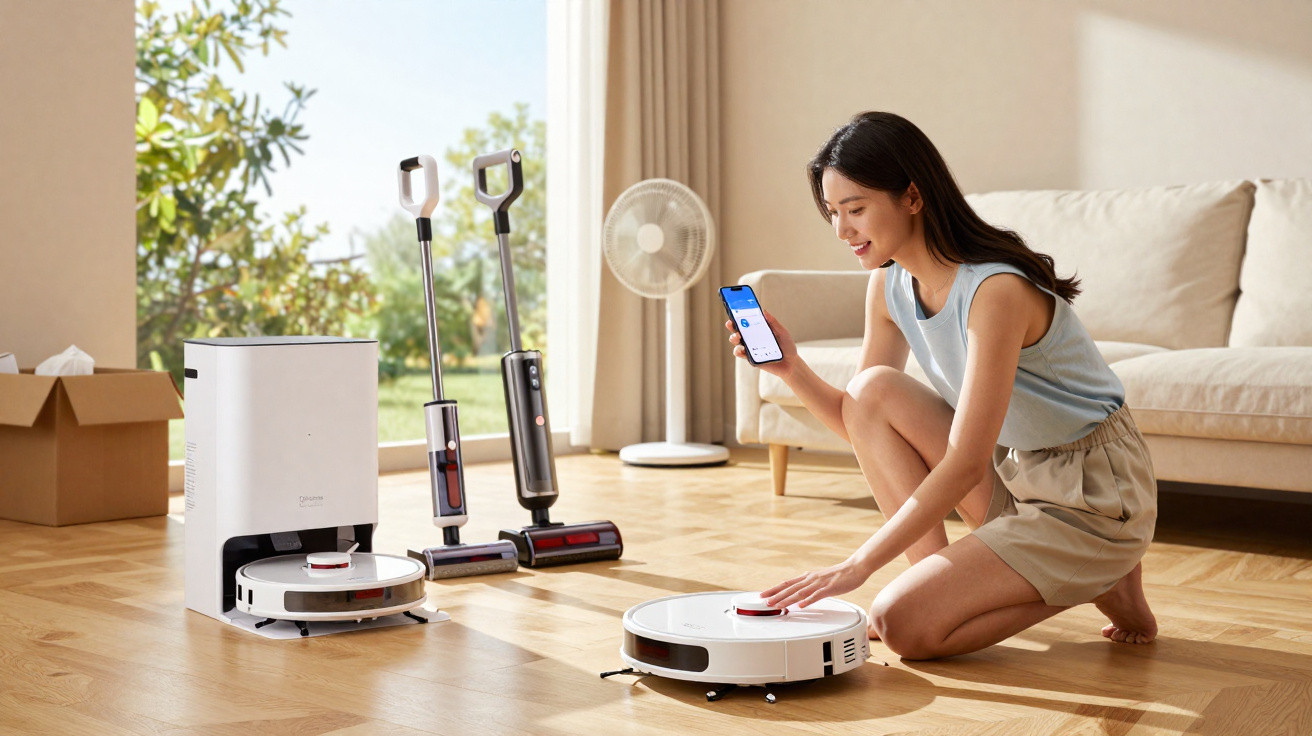 Mulher controla aspirador robô branco com smartphone em sala com sofá, ventilador e aspiradores verticais.