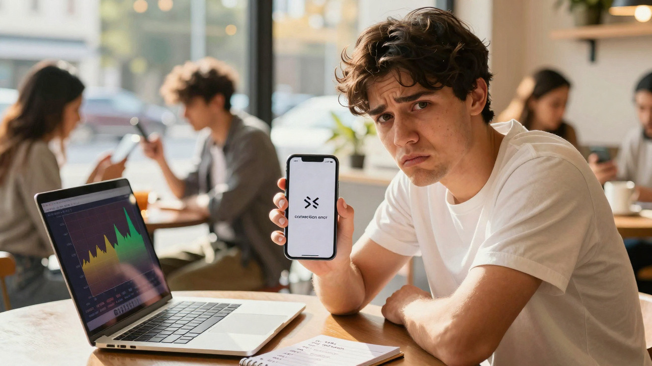 Homem preocupado mostra celular com mensagem de "conexão off" em café, ao lado de notebook com gráfico.
