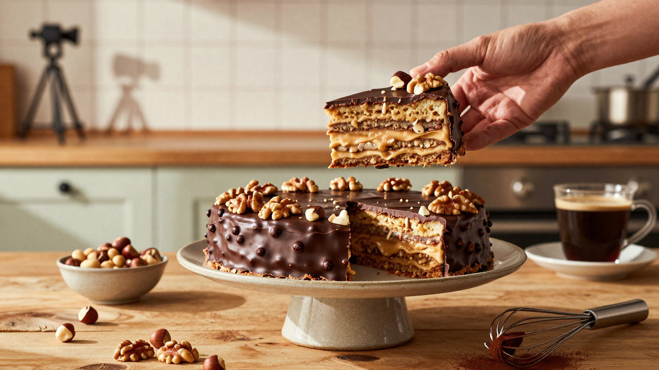 Bolo de chocolate com nozes e camadas de recheio, uma fatia sendo retirada em cozinha.