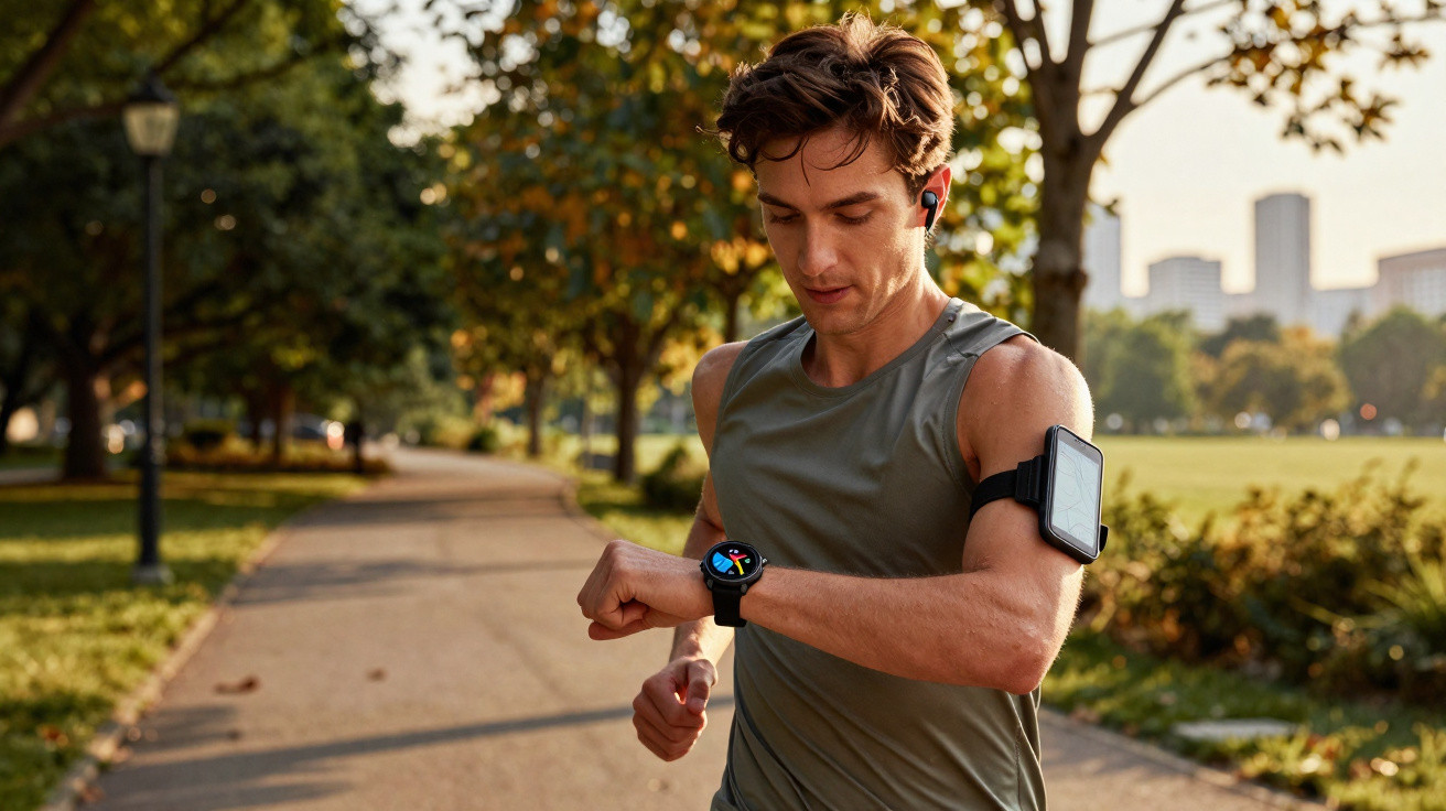 Homem correndo em parque urbano, olhando para relógio smartwatch no pulso esquerdo.