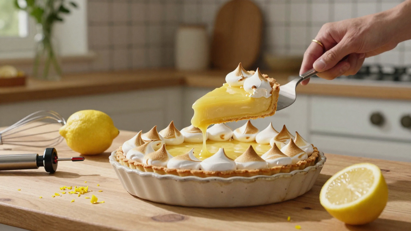 Torta de limão com merengue sendo servida em cozinha, com limões e utensílios ao fundo.