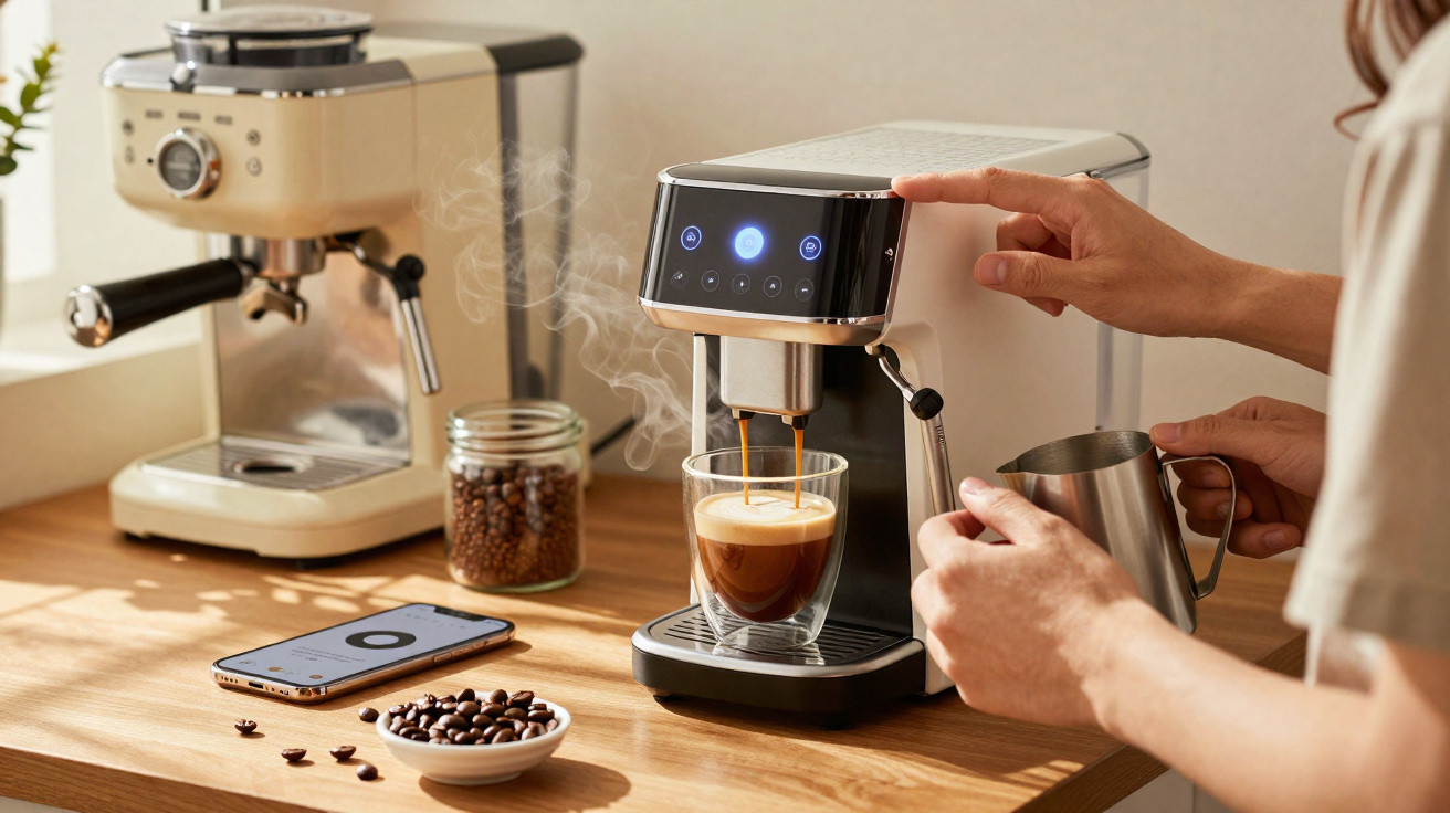 Pessoa preparando café expresso em máquina, com jarra e grãos de café sobre bancada de madeira.