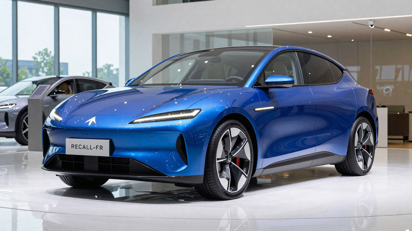 Carro elétrico azul com design moderno exibido em showroom iluminado e espaçoso.