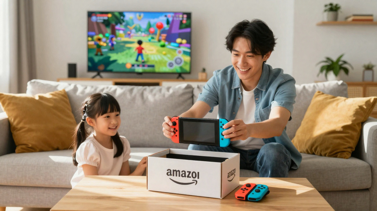Homem e menina felizes tirando console de videogame da caixa na sala com TV ligada ao fundo.