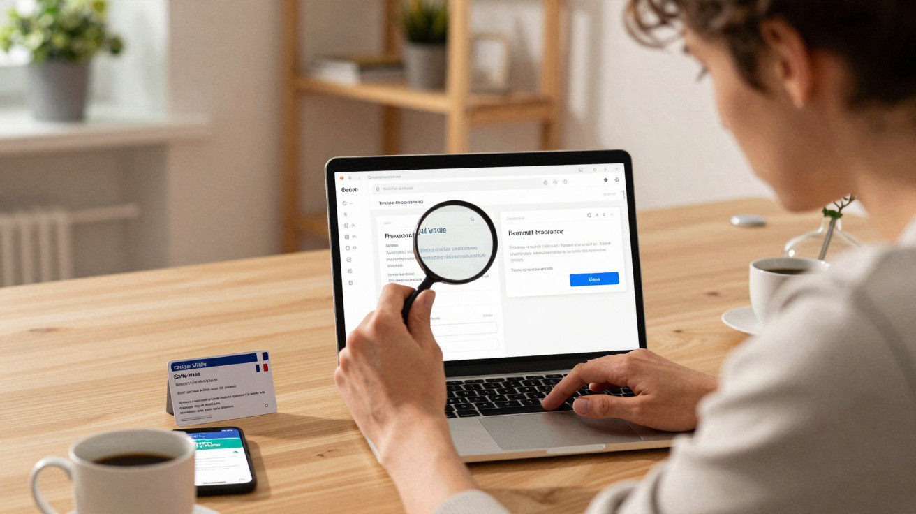 Pessoa segurando lupa e analisando informações em laptop em mesa com celular, cartão e caneca.