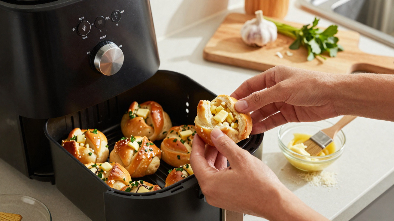 Pessoa segurando pão recheado com queijo, ao lado de assadeira de air fryer com pães polvilhados.