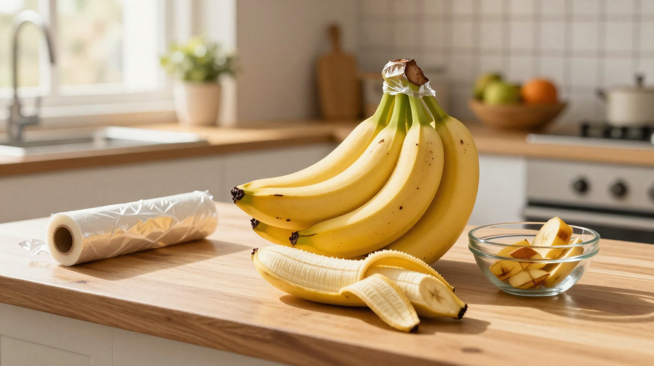 Bando de bananas amarelas na bancada da cozinha com uma descascada e uma tigela com pedaços de banana.