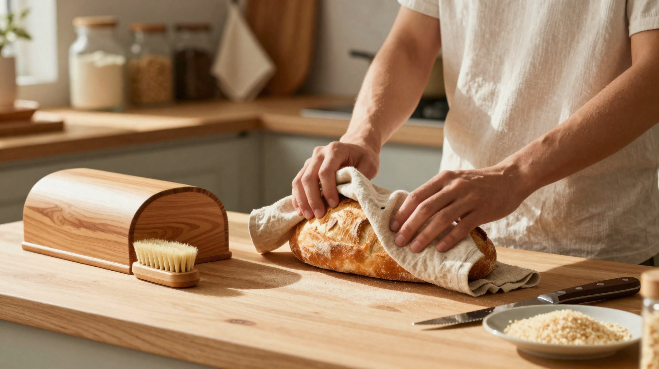 Pessoa enrolando pão caseiro em pano em bancada de cozinha clara com tábua e faca próximas.