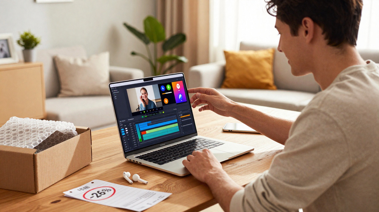 Pessoa editando vídeo em laptop, sentada à mesa com caixa, fones de ouvido e documento com desconto à frente.