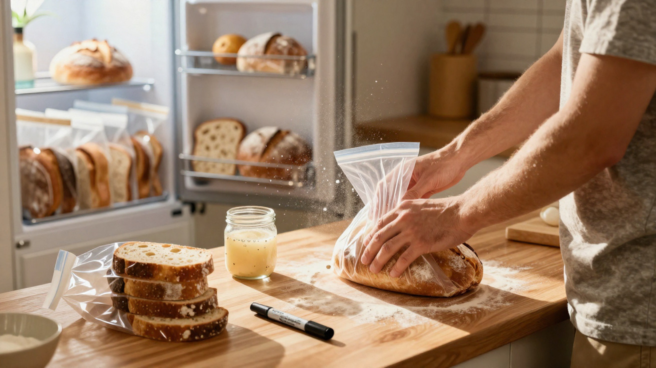 Pessoa colocando pão em saco plástico em cozinha clara com várias variedades de pão ao fundo.