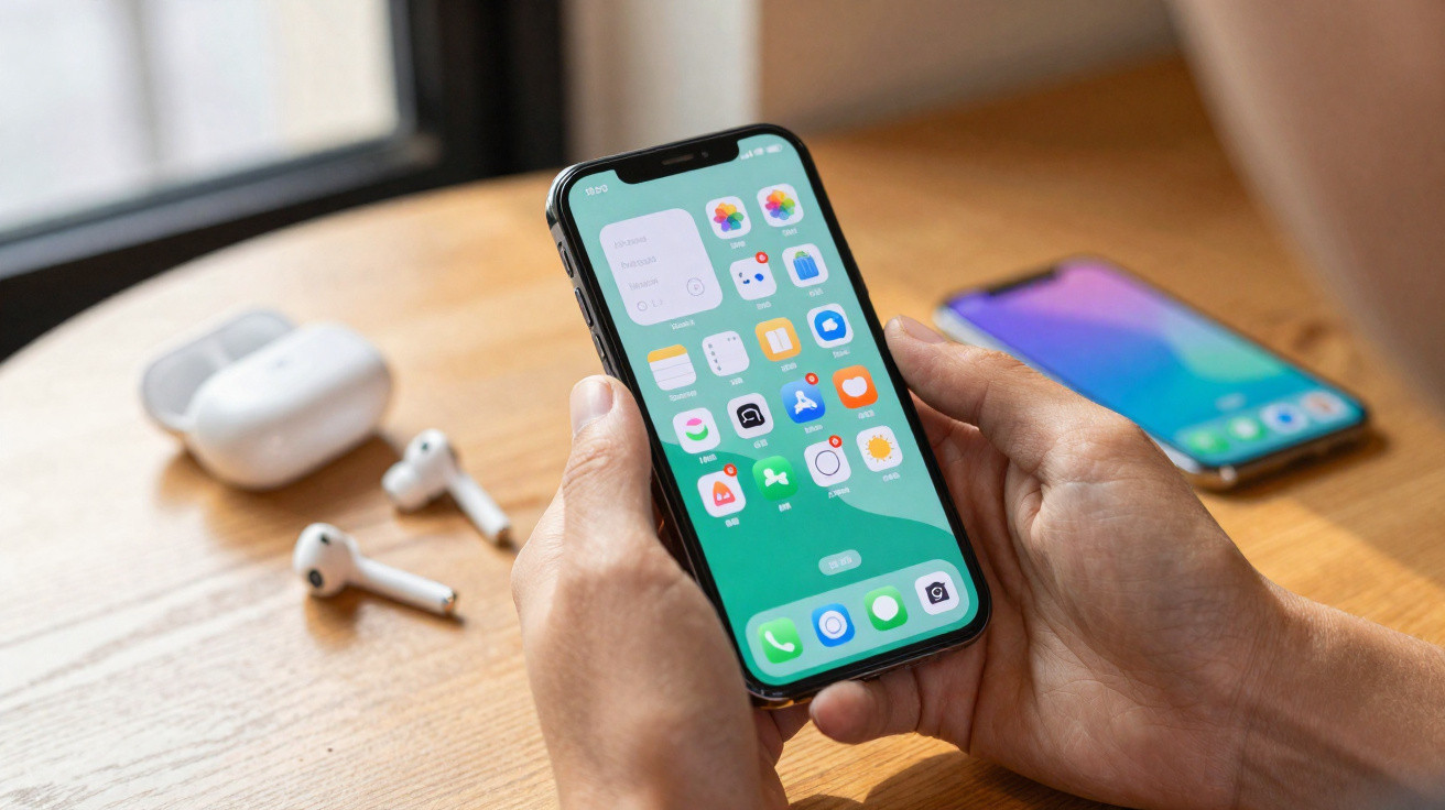 Pessoa segurando smartphone com tela inicial aberta, ao lado de fones de ouvido sem fio e outro celular sobre mesa de madeira