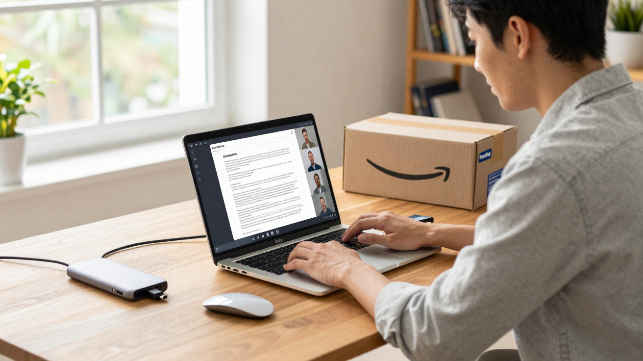 Homem trabalhando em laptop com vídeo chamada e caixa da Amazon ao fundo em ambiente iluminado.