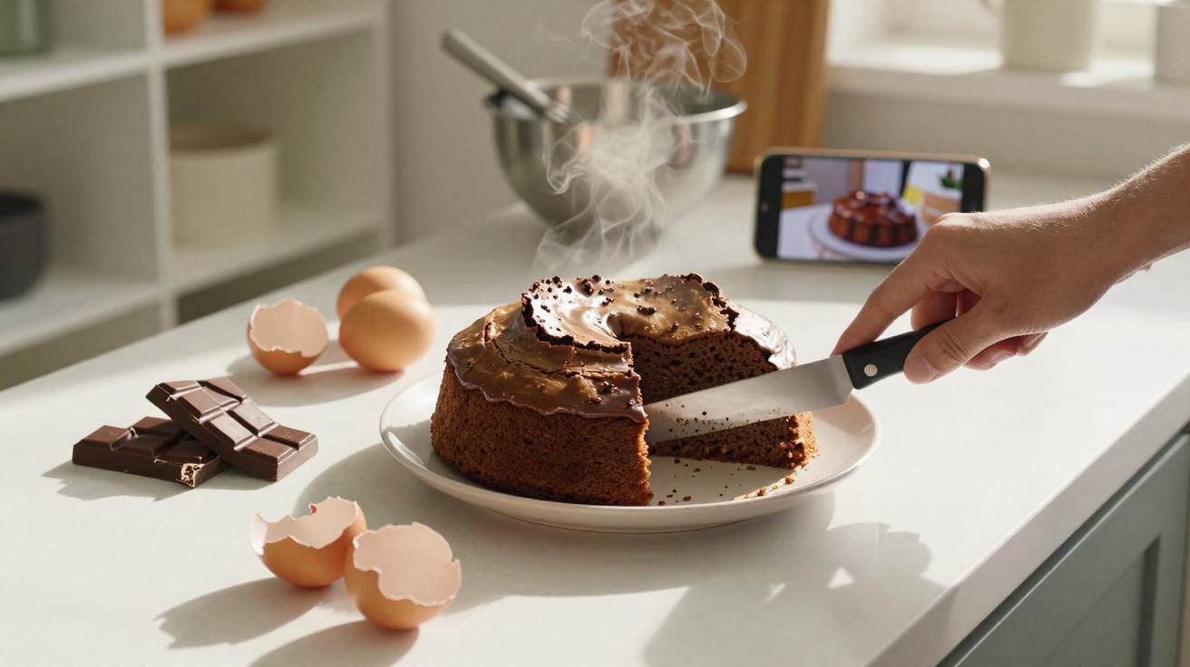 Bolo de chocolate quente sendo cortado com faca em prato branco sobre bancada, com ovos e chocolate ao lado.