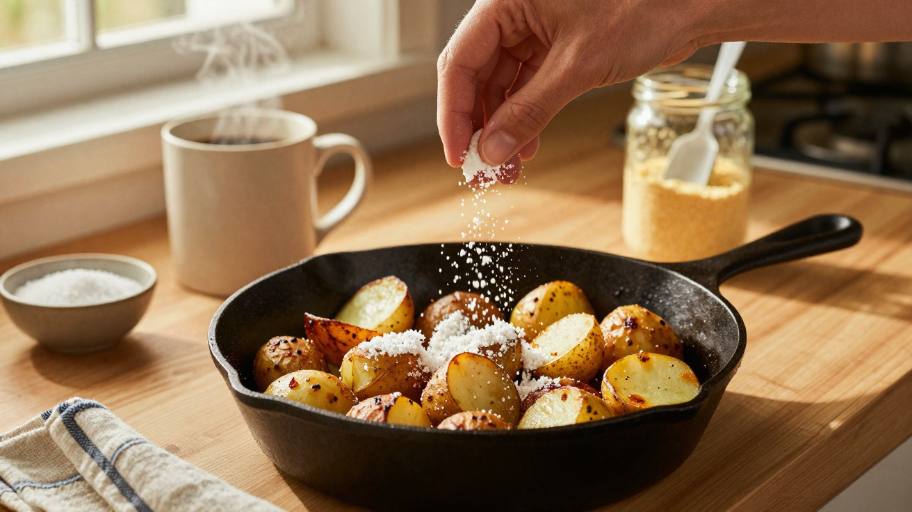 Mão polvilhando sal em uma frigideira com batatas assadas sobre bancada de madeira.