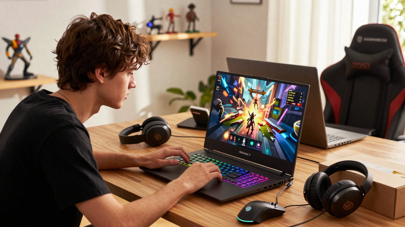 Jovem jogando em notebook gamer com teclado colorido em sala com cadeira gamer e fones de ouvido.